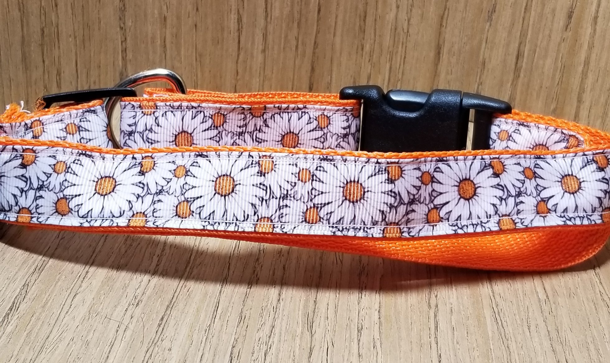 Large Martingale collar featuring a white and orange daisies pattern, designed for comfort and control for larger dogs.